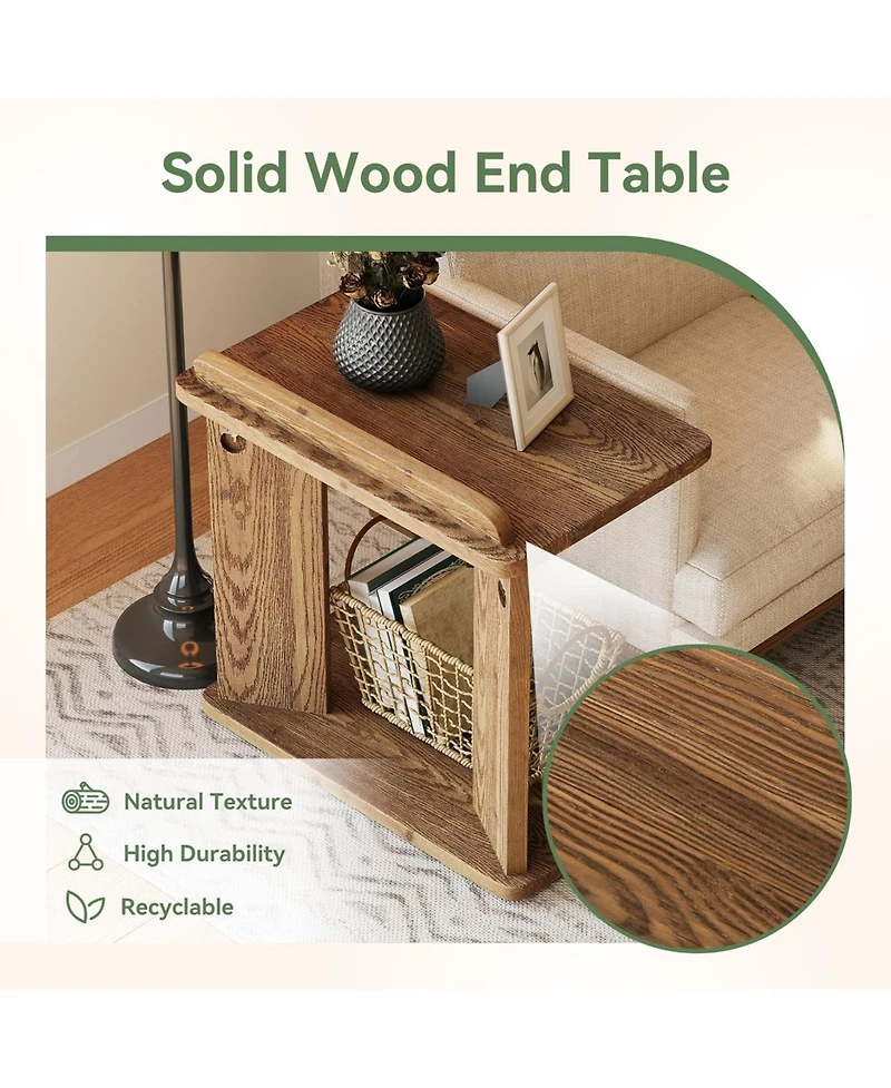 Tribesigns Solid Wood C-Shaped End Table, Farmhouse Wooden Side Table with Book Groove & Holder, 2-Tier Bedside Nightstand