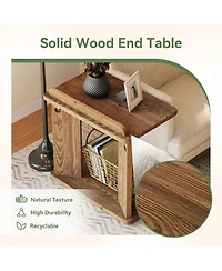 Tribesigns Solid Wood C-Shaped End Table, Farmhouse Wooden Side Table with Book Groove & Holder, 2-Tier Bedside Nightstand