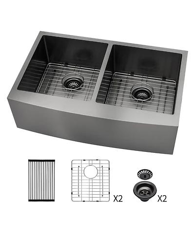 flynama 36x21x10inch Gunmetal Black Farmhouse Kitchen Sink Double Bowl Apron Front Stainless Steel