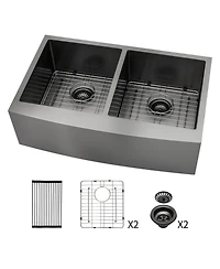 flynama 36x21x10inch Gunmetal Black Farmhouse Kitchen Sink Double Bowl Apron Front Stainless Steel