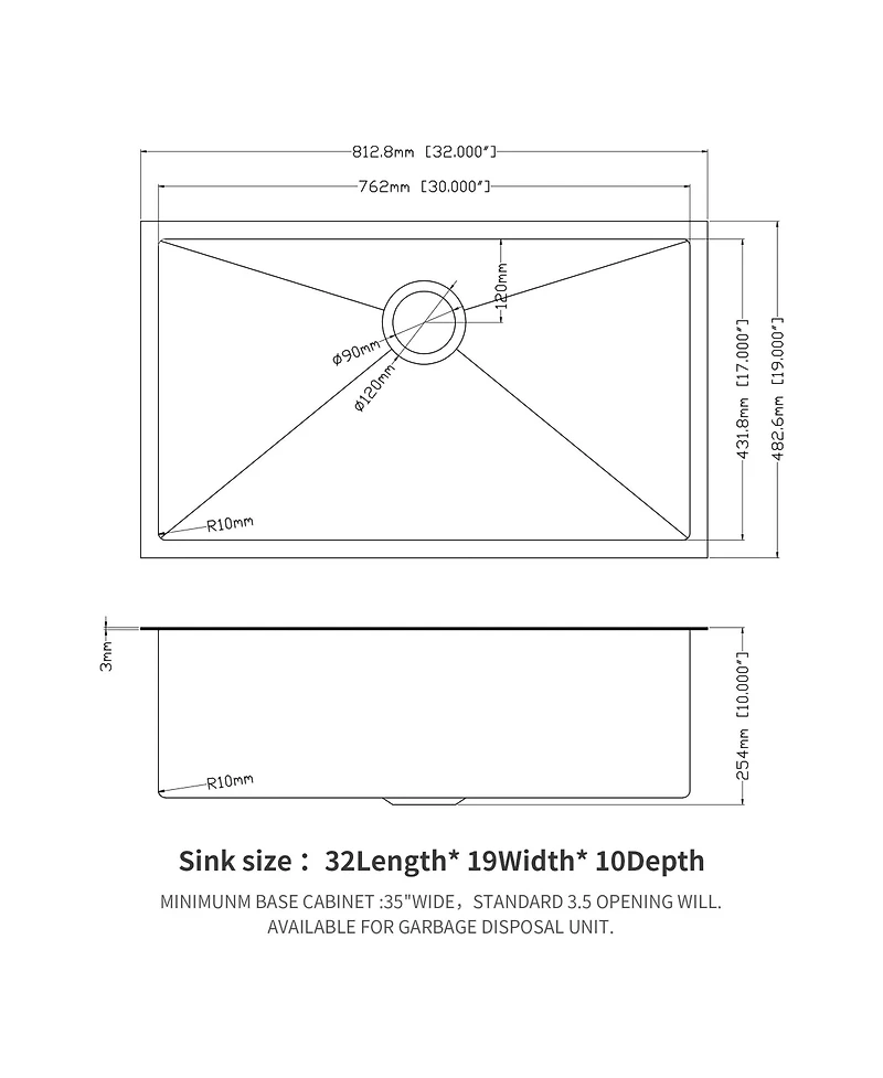 flynama 32x19x10inch Gunmetal Black Undermount Kitchen Sink Single Bowl Stainless Steel 16 Gauge