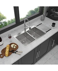 flynama 33x22x10 Inch Double Bowl 5050 Drop In Kitchen Sink 16 Gauge T304 Stainless Steel With Two 10 Inch Deep Basin