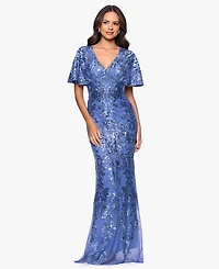 Betsy & Adam Women's Sequin Detail Flutter-Sleeve Gown