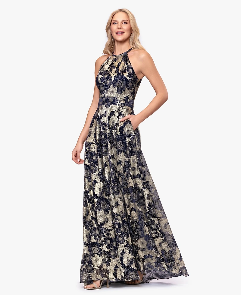 B&A By Betsy and Adam Women's Halter Neck Wrap Foil Gown
