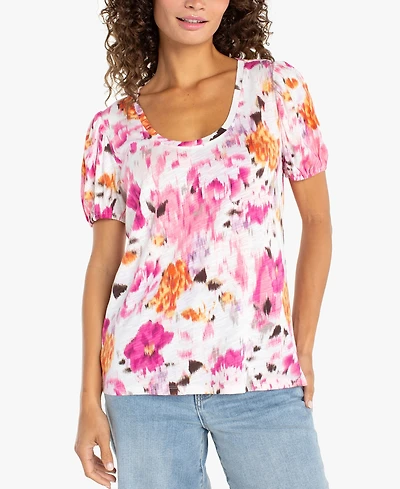 Liverpool Los Angeles Petite Puff Sleeve Scoop Neck Top