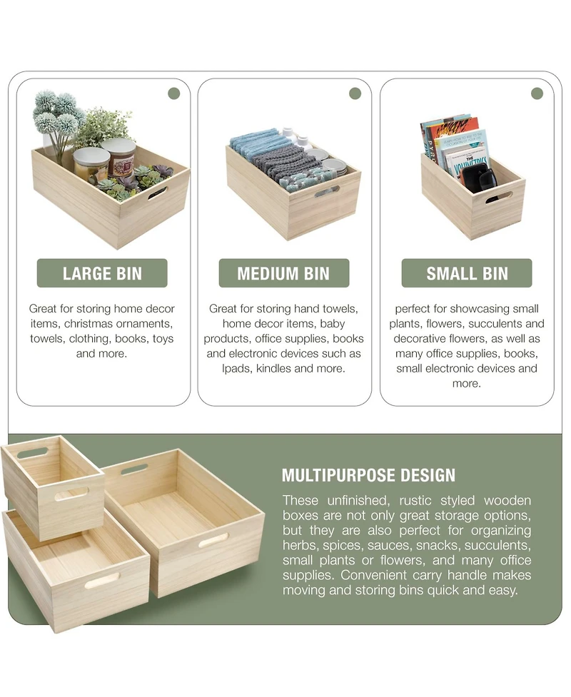 Sorbus 3 Piece Wood Crates - for Pantry Organizer Storage, Closet, Cabinet Organizers