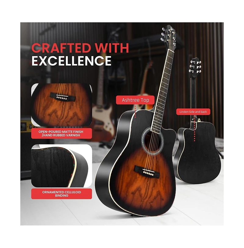 Pyle 41 Steel Strings Acoustic Guitar for Beginner and Adults (Sunburst Teardrop