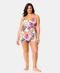 Anne Cole Plus V-Neck Printed Surplice Skirted Swim Dress