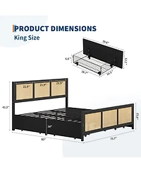 gaomon Queen Rattan Bed Frame with Headboard, Boho Cane Platform 4 Storage Drawers, Strong Metal Slat Support