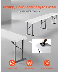 Mecale Plastic Folding Bench, 6 ft Portable Foldable Hdpe Bench for Indoor Outdoor Picnic, Patio, Camping and Events, 2 Pack, White