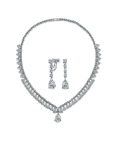 Bling Jewelry Cz Cubic Zirconia Solitaire Teardrop Statement Collar Statement Necklace & Clip-On Earrings Jewelry Set