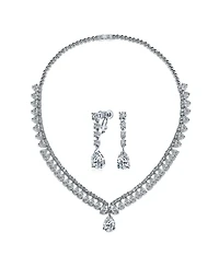 Bling Jewelry Cz Cubic Zirconia Solitaire Teardrop Statement Collar Statement Necklace & Clip-On Earrings Jewelry Set