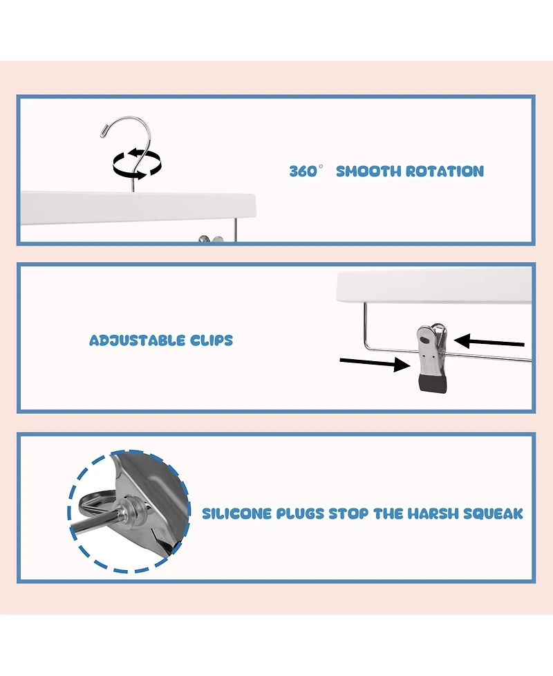 BP4U 12-Pack Wooden Pants Hangers with Adjustable Clips