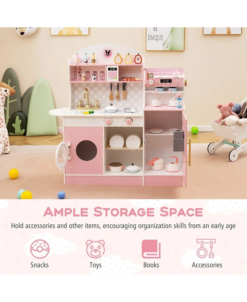 Hongge Wooden Kids Play Kitchen with Ice Maker Coffee Station and Storage