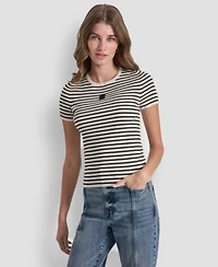 Dkny Jeans Womens Crew Neck Striped Rib Top