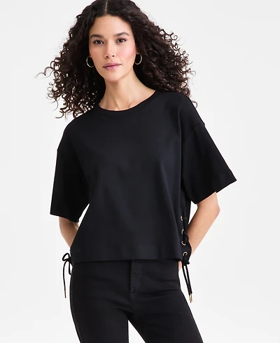 I.n.c. International Concepts Women's Cotton Lace-Up-Hem T-Shirt, Macy's Exclusive