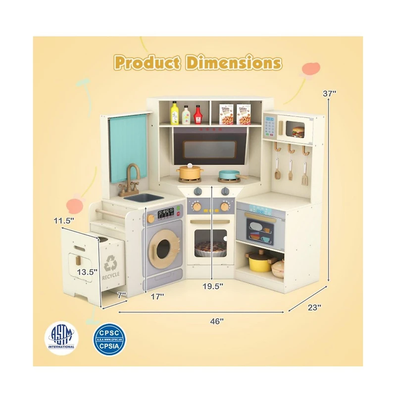 Hongge Kids Corner Wooden Play Kitchen with Realistic Cooking Features and Storage