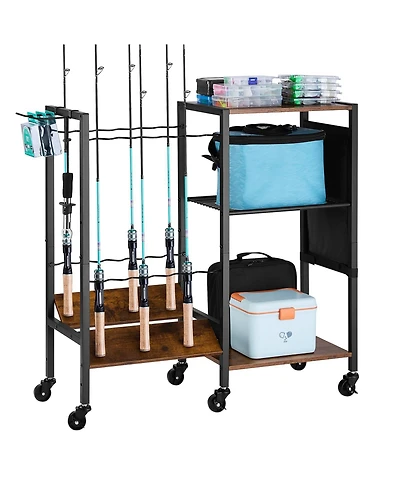 Mecale Fishing Rod Holder, 12-Rod Mobile Pole Rack Cart with Wheels for Garage or Home Fishing Gear Storage
