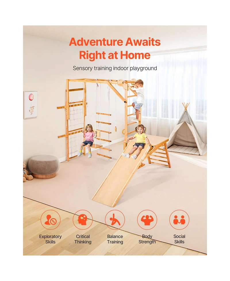 Slickblue 8-in-1 Indoor Playground Jungle Gym with Slide, Swing & Climb