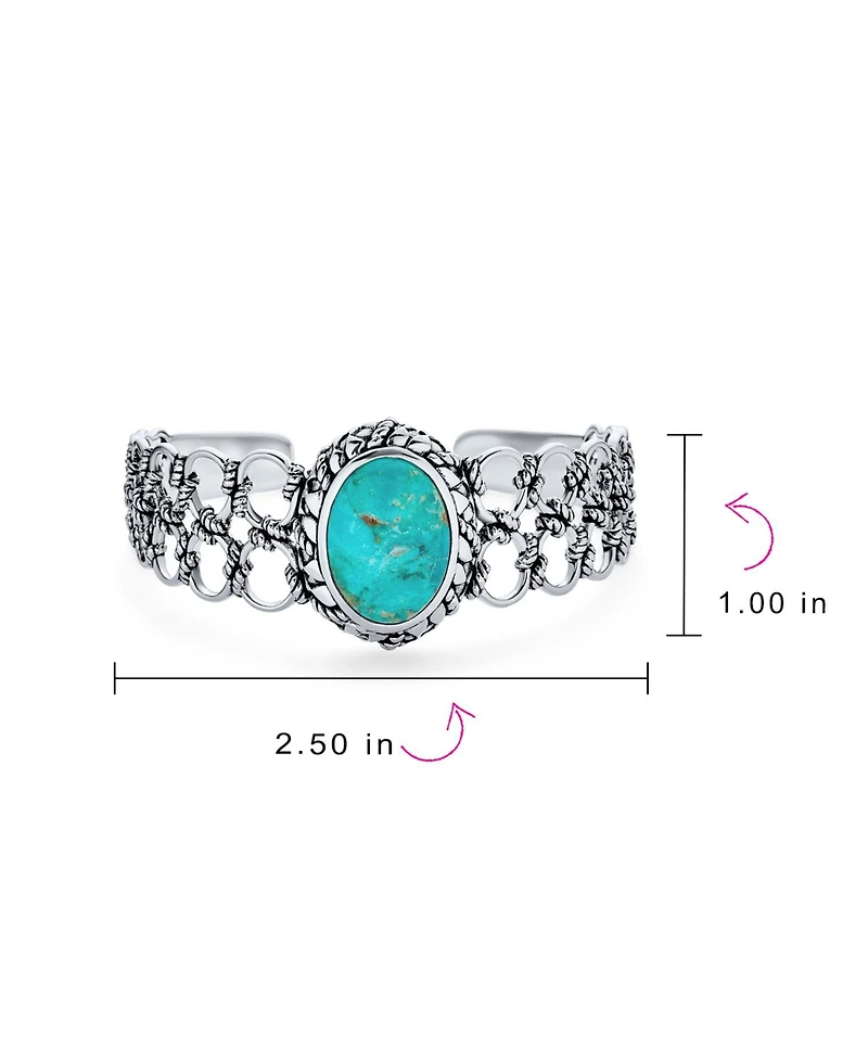 Bling Jewelry Western Style Oval Turquoise Cabochon Rope Lattice Wide Cuff Bracelet .925 Sterling Silver