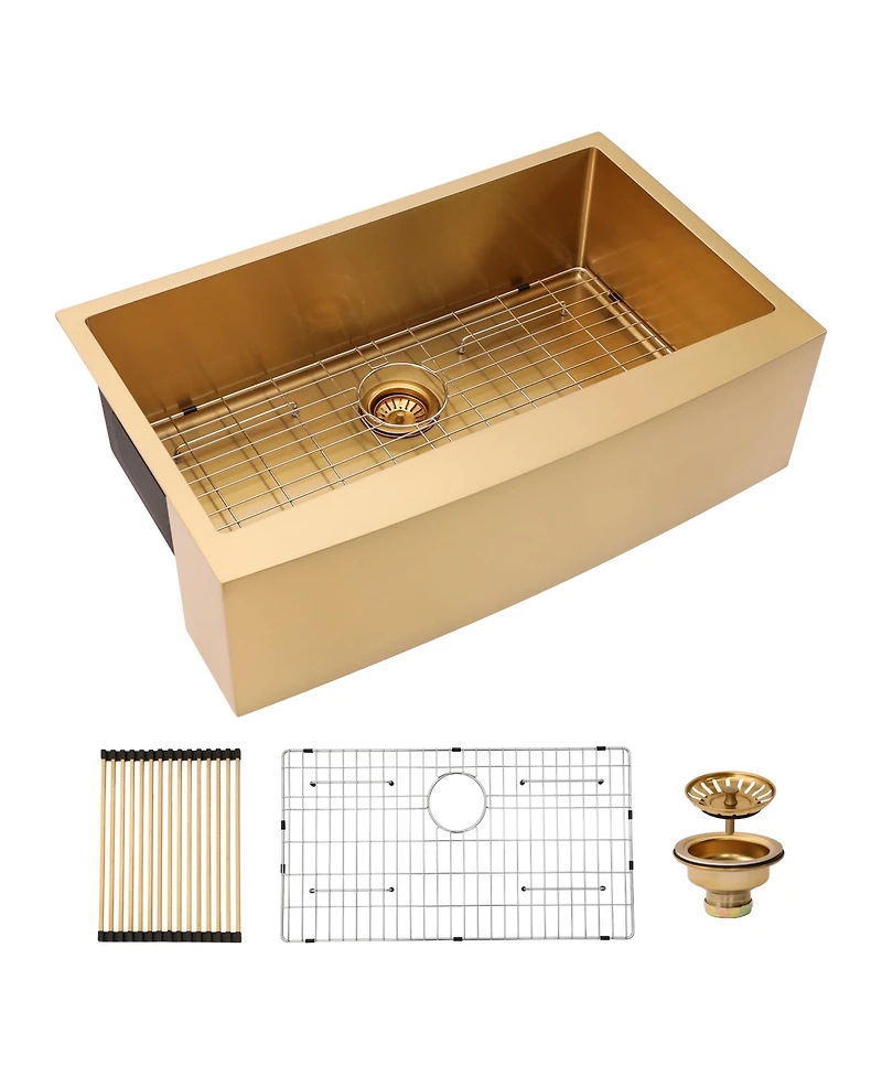 flynama 33x21x10inch Gold Farmhouse Kitchen Sink Stainless Steel Apron Front 16 Gauge