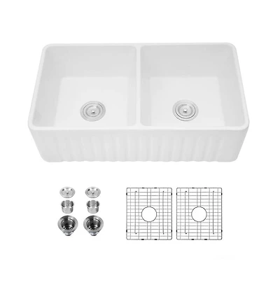 flynama 33x18x10inch Ceramic White Farmhouse Kitchen Sink Rectangular Double Basin Vessel Sink