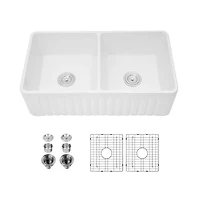 flynama 33x18x10inch Ceramic White Farmhouse Kitchen Sink Rectangular Double Basin Vessel Sink