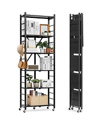 Mecale 6-Tier Foldable Storage Shelf, No-Assembly Metal Rack w/ Wheels & Hooks