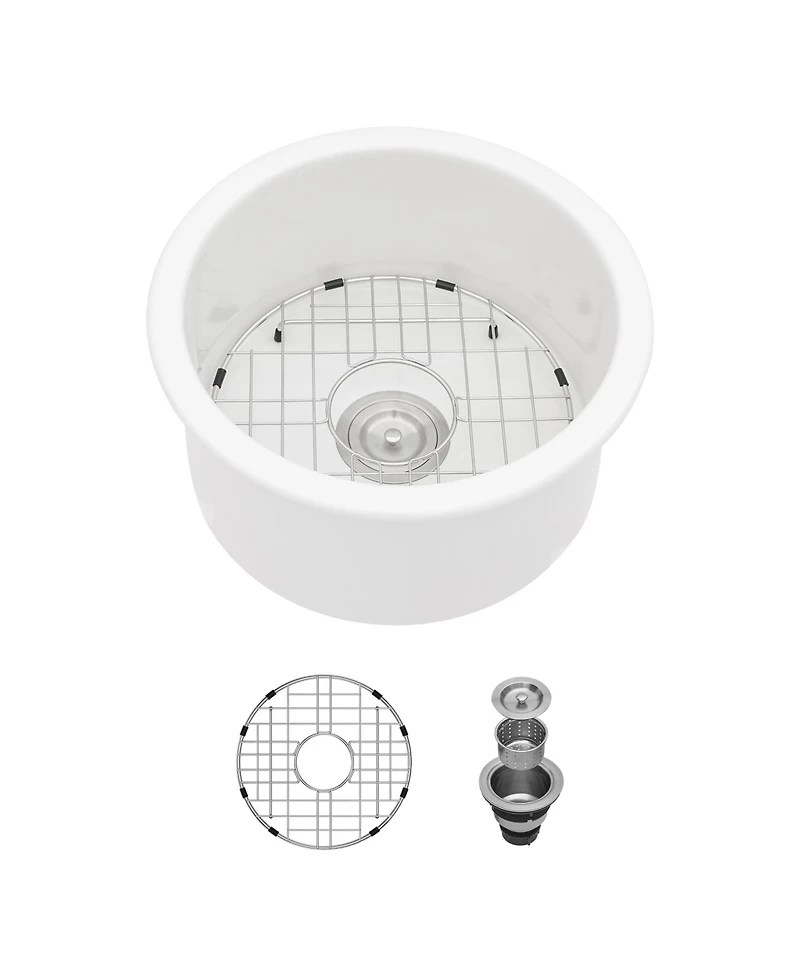 huluwat Porcelain Fireclay Circular Kitchen Sink Dual Mount Single Bowl with Grid