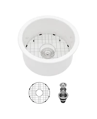 huluwat Porcelain Fireclay Circular Kitchen Sink Dual Mount Single Bowl with Grid