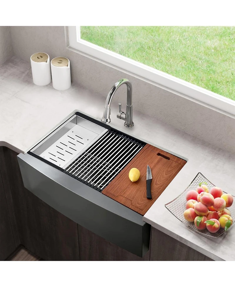 33x22inch Matte Black Farmhouse Kitchen Sink Stainless Steel Single Bowl Workstation Accessory Kit