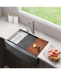 33x22inch Matte Black Farmhouse Kitchen Sink Stainless Steel Single Bowl Workstation Accessory Kit