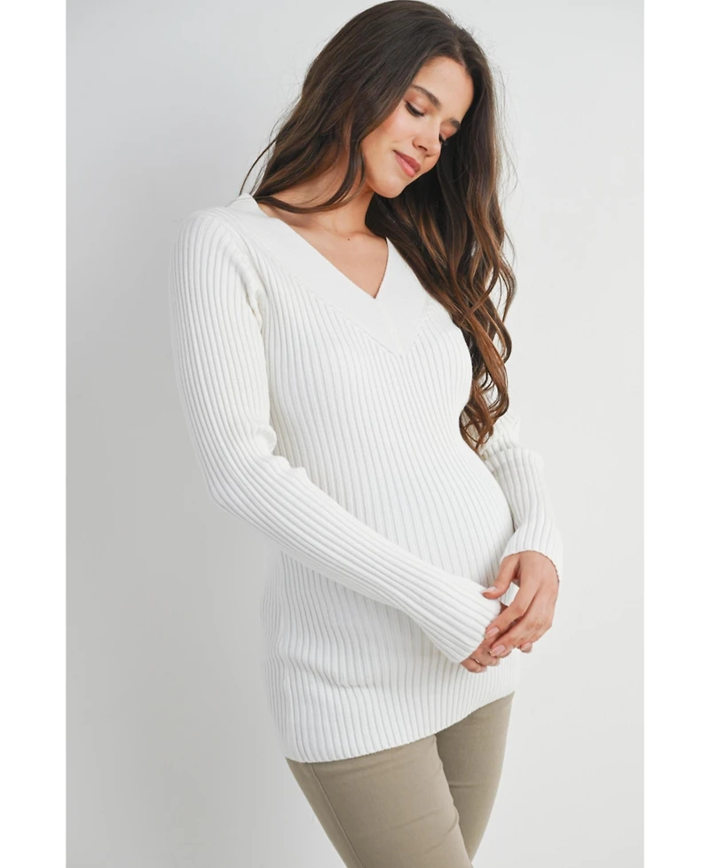 Hello Miz Maternity Ribbed Knit V Neck Long Sleeve Sweater