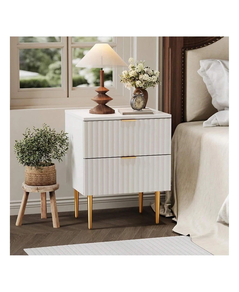 gaomon Modern Nightstand With 2 Drawers Golden And Wood Fluted Night Stand With Charging Station Bedside Table With Usb Ports