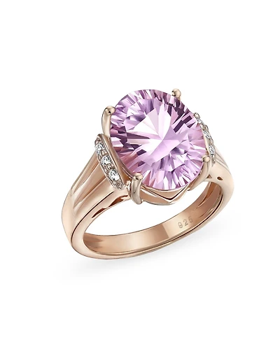 Bling Jewelry Traditional Oval 4CT Pink Amethyst Statement Ring Zircon Accent Rose Gold Vermeil