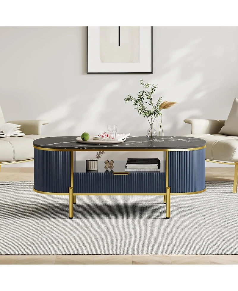 gaomon 48" Oval Coffee Table with Fluted Design & Faux Marble Top, Modern Luxury Center Drawers for Living Room
