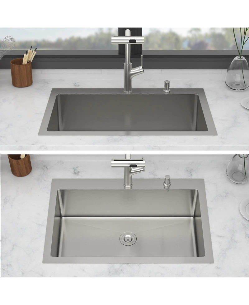 flynama 33x22x10inch Drop In Kitchen Sink with Pull Out Faucet Soap Dispenser Stainless Steel Single Bowl 16 Gauge
