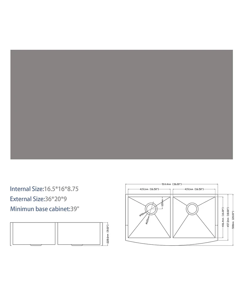 Flynama 36" x 20" x 9" Double Bowl Farmhouse Kitchen Sink, Stainless Steel, Apron Front, 16-Gauge, 50/50 Split