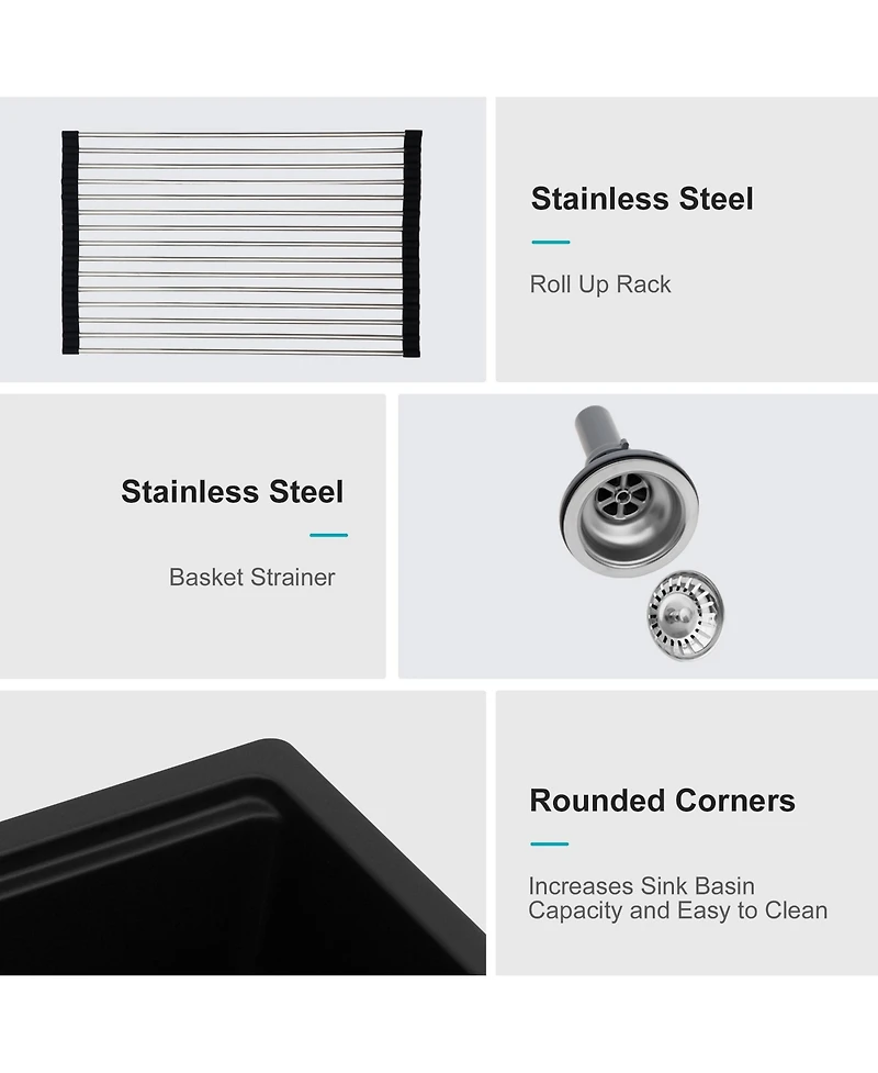 flynama 32x19x9.65inch Black Quartz Composite Undermount Kitchen Sink Workstation Granite Deep