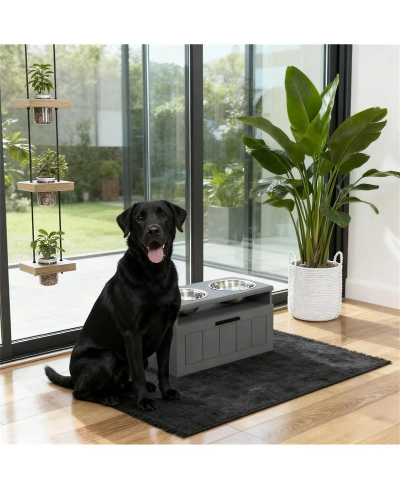 Aostirmotor 21.6 in. Wide Dog Bowls with 2 Stainless Steel Bowls in Grey