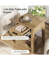 Tribesigns Farmhouse Square Side Table, 2 -Tier Wooden End Table with Drawer, Rustic Nightstands with Shelf Storage