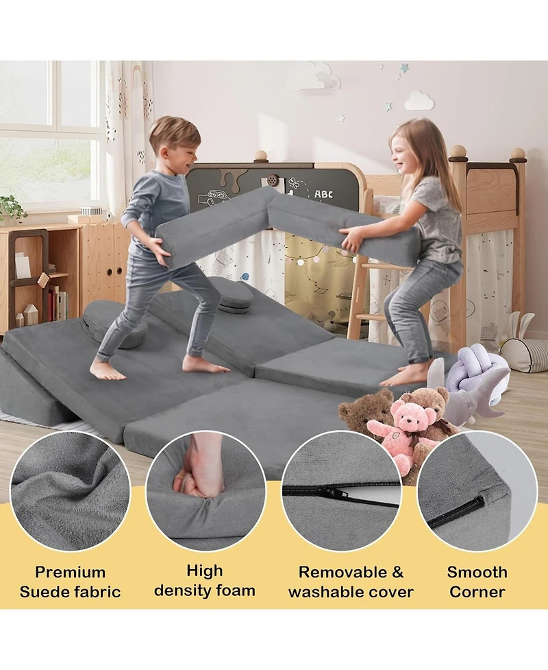 Kinder King 9-Piece Kids Modular Play Sofa, Convertible Foam Couch for Playroom, Grey