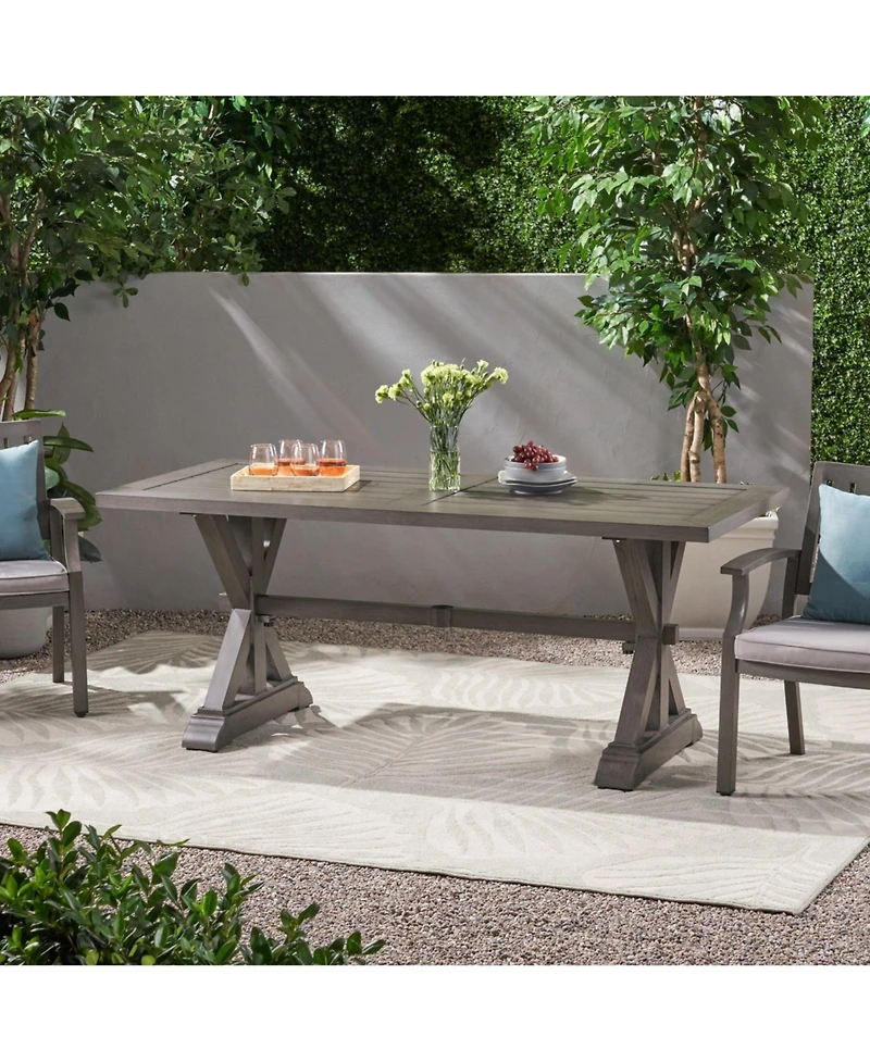 Mondawe Outdoor Aluminum Dining Table, Slatted Top Rectangular Patio Table with Umbrella Hole for Backyard, Garden, Deck