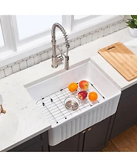flynama 33x20inch Fireclay Farmhouse Kitchen Sink Reversible Design Grid Strainer 10 Inch Deep