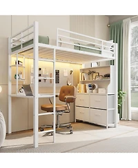gaomon Twin Loft Bed with Desk, 4 Large Fabric Drawers and Open Shelves, Heavy Duty Metal Led Lights