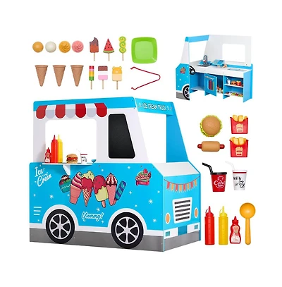 Slickblue Ice Cream Cart for Kids, 20+ Pcs Ice Cream Truck Wooden Playset, Pretend Play Stand with Steering Wheel & Chalkboard