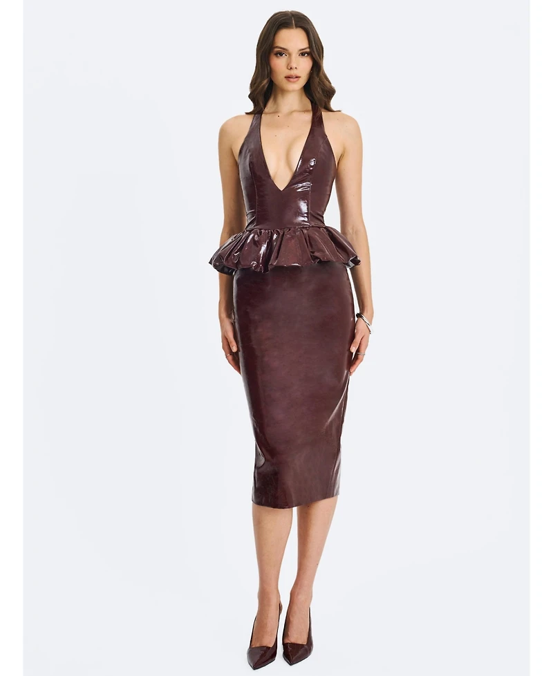 Miss Circle Women's Jaslene Mahogany Ruched Peplum Plunge Halter Midi Dress