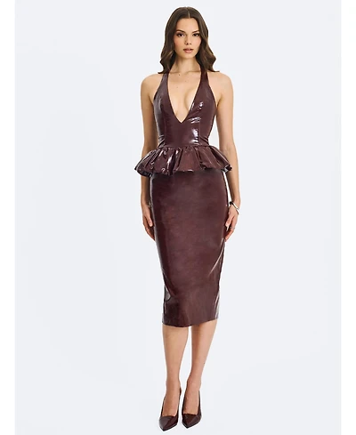 Miss Circle Women's Jaslene Mahogany Ruched Peplum Plunge Halter Midi Dress