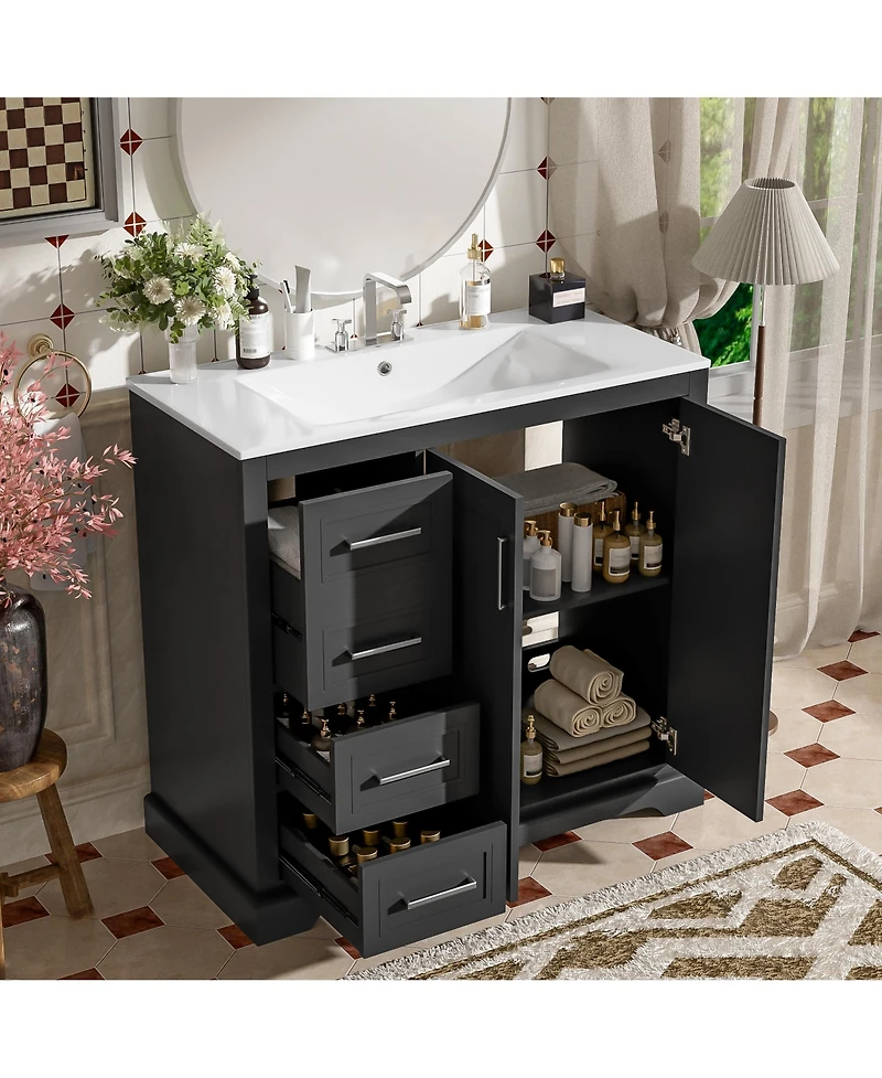 Cesicia 36 in. Modern Bathroom Vanity with Ceramic Sink, Soft-Close Door, Adjustable Shelf and 3 Drawers, Ample Storage