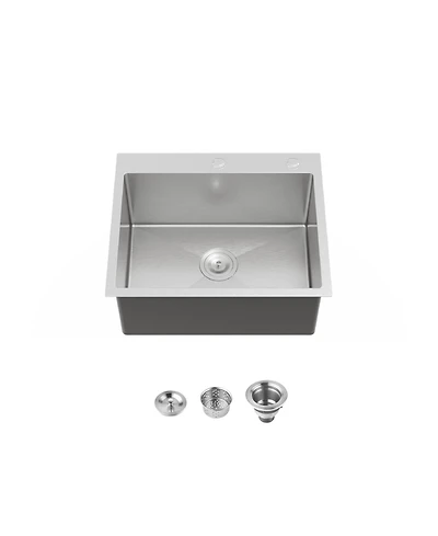 flynama 23inch Overmount Single Bowl Dark Gray 304 Stainless Steel Handmade Kitchen Sink with Us Standard Drain and Hook